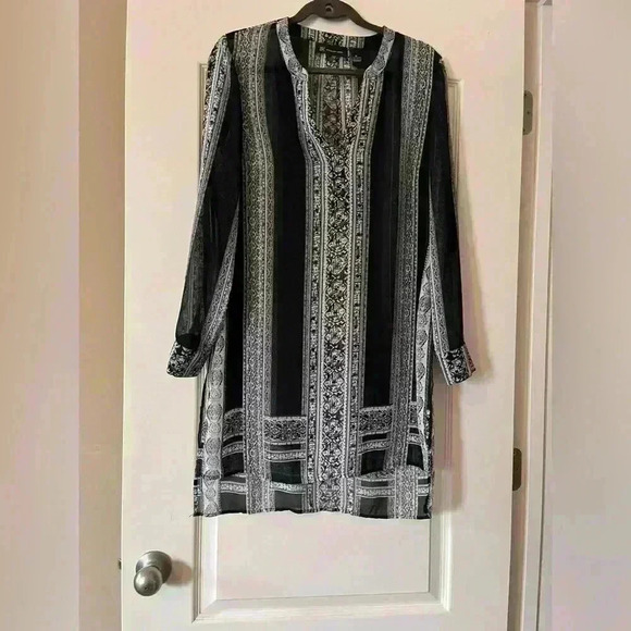 INC International Concepts Black Vertical Stripes Sheer Tunic women’s medium - Picture 1 of 12